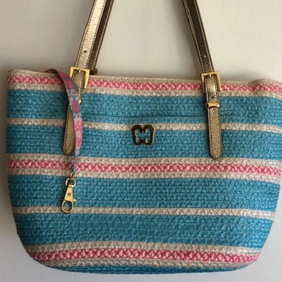 ERIC JAVITS Straw Shoulder Purse Turquoise Pink Zip Top - Picture 4 of 16